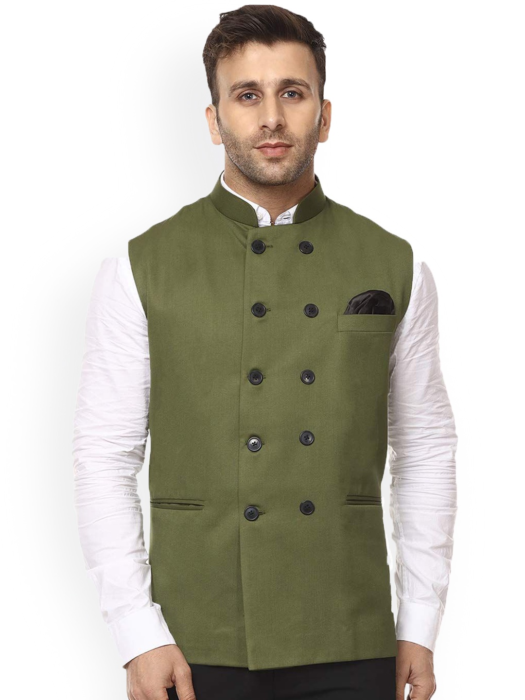 

VEERA PARIDHAAN Cotton Chinese Collar Nehru Jackets, Green