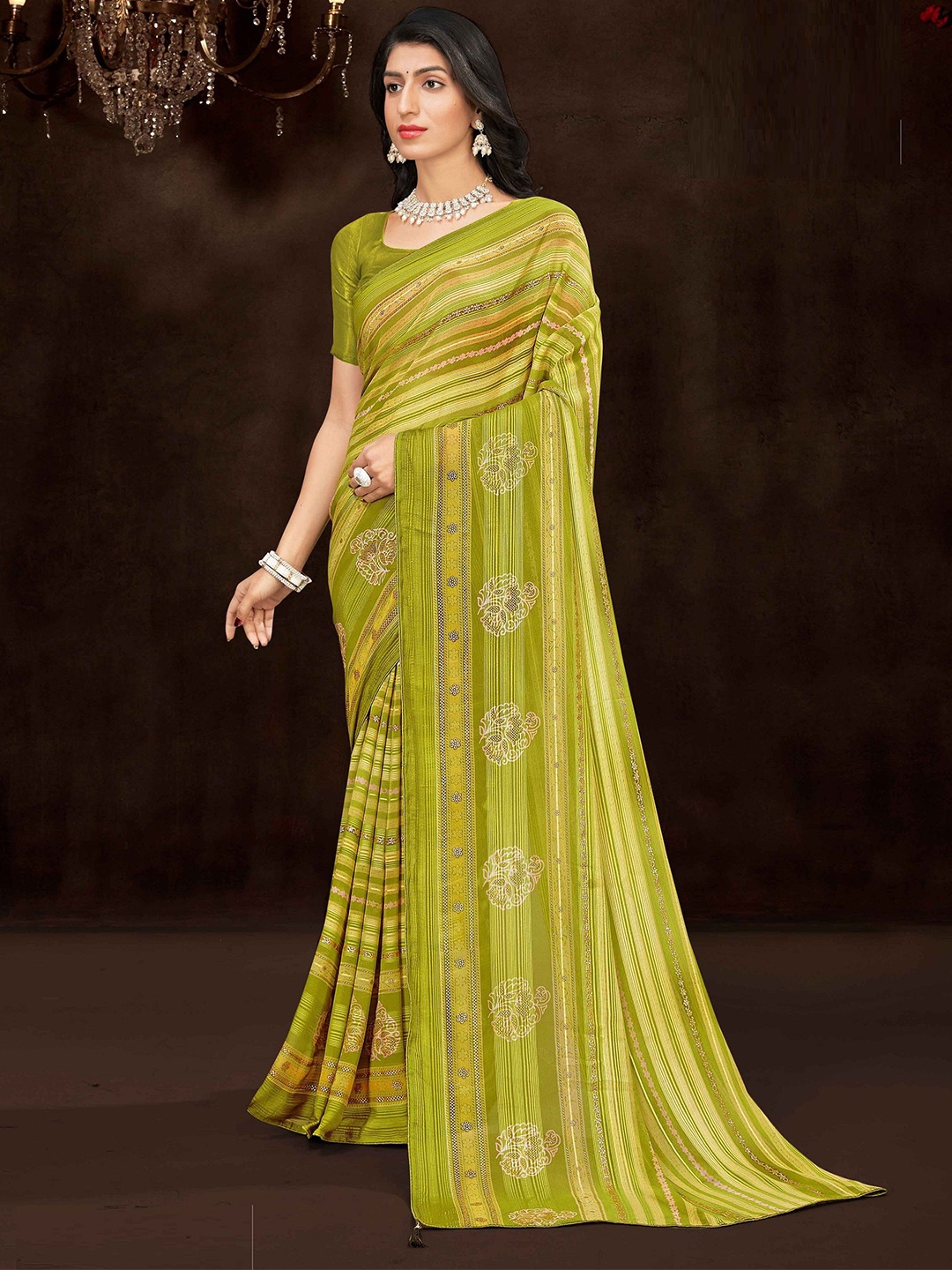 

MAHALASA Floral Pure Georgette Saree, Green