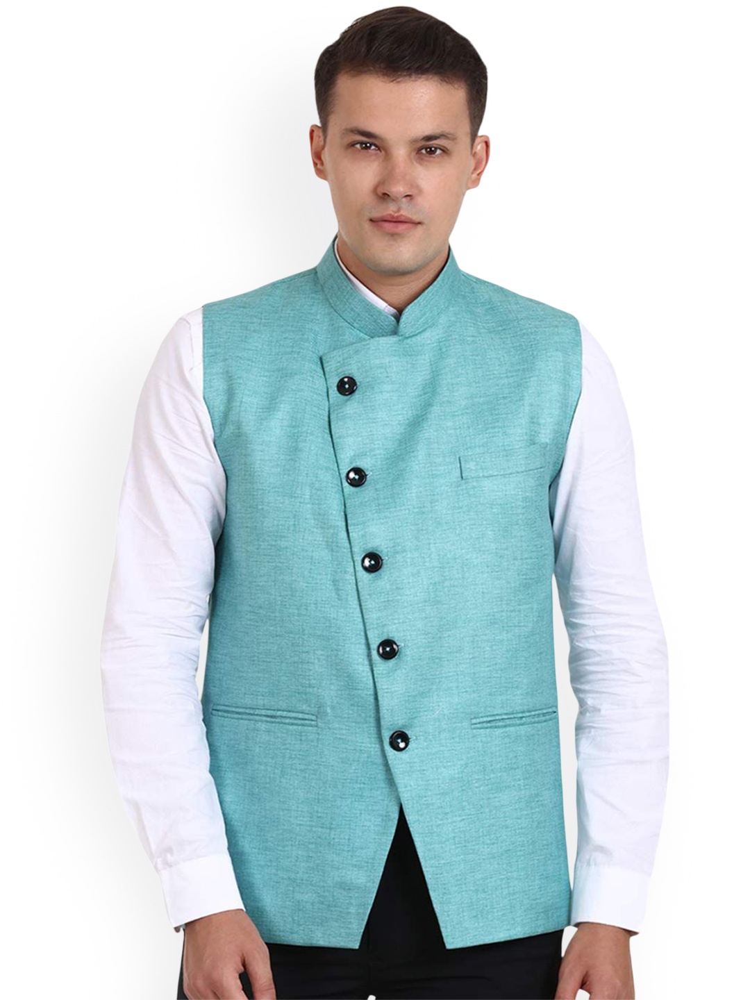 

VEERA PARIDHAAN Cotton Jute Chinese Collar Nehru Jacket, Green