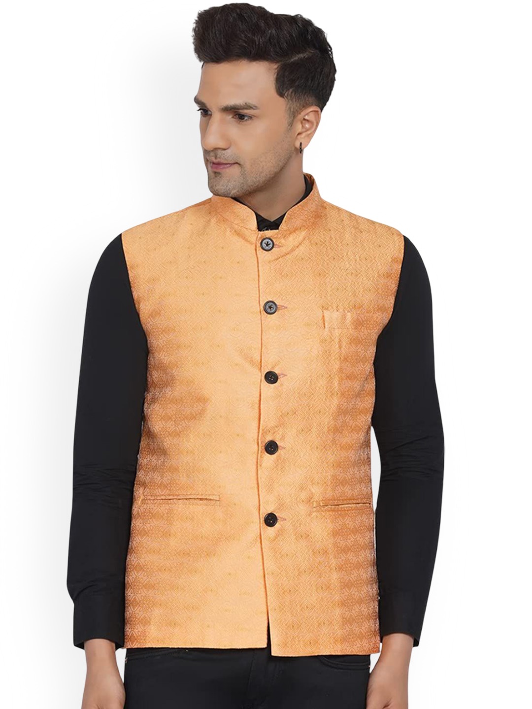 

VEERA PARIDHAAN Printed Jacquard Design Mandarin Collar Nehru Jacket, Pink
