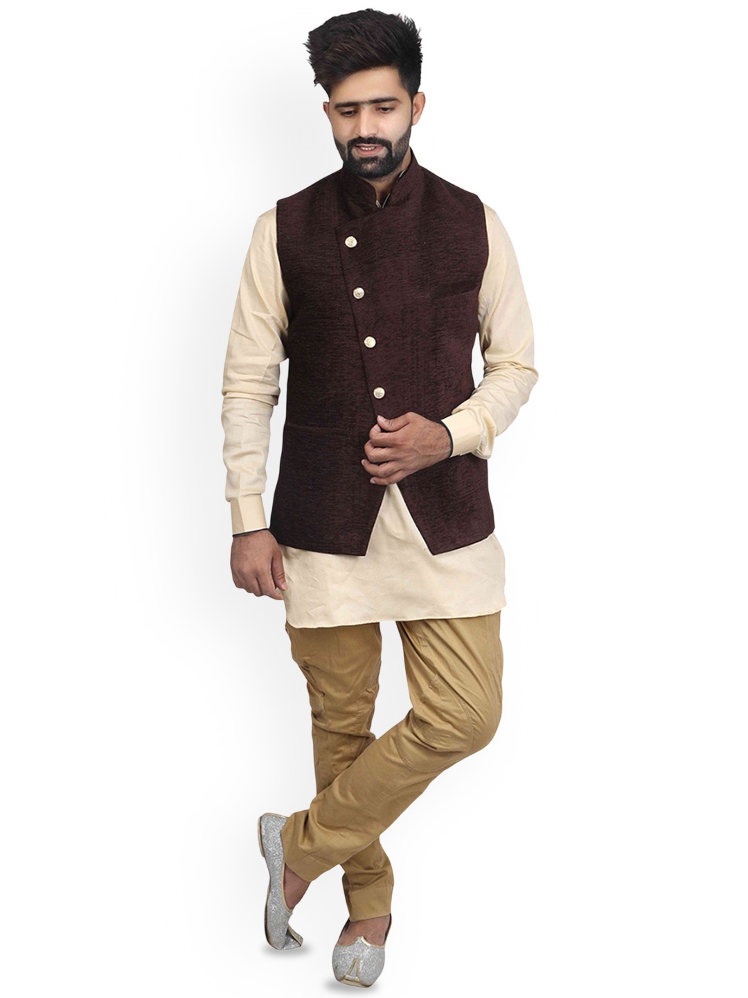 

VEERA PARIDHAAN Corduroy Chinese Collar Nehru Jacket, Brown