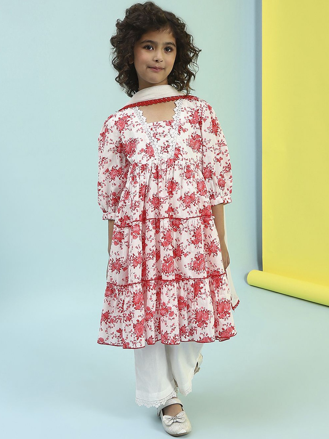 

Biba Girls Floral Printed Angrakha Pure Cotton Kurta with Palazzos & With Dupatta, Red