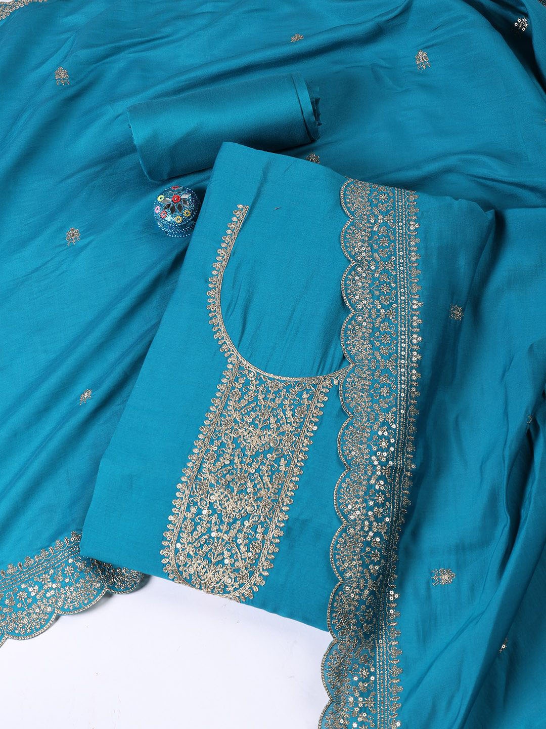 

Meena Bazaar Embroidered Art Silk Unstitched Dress Material, Blue