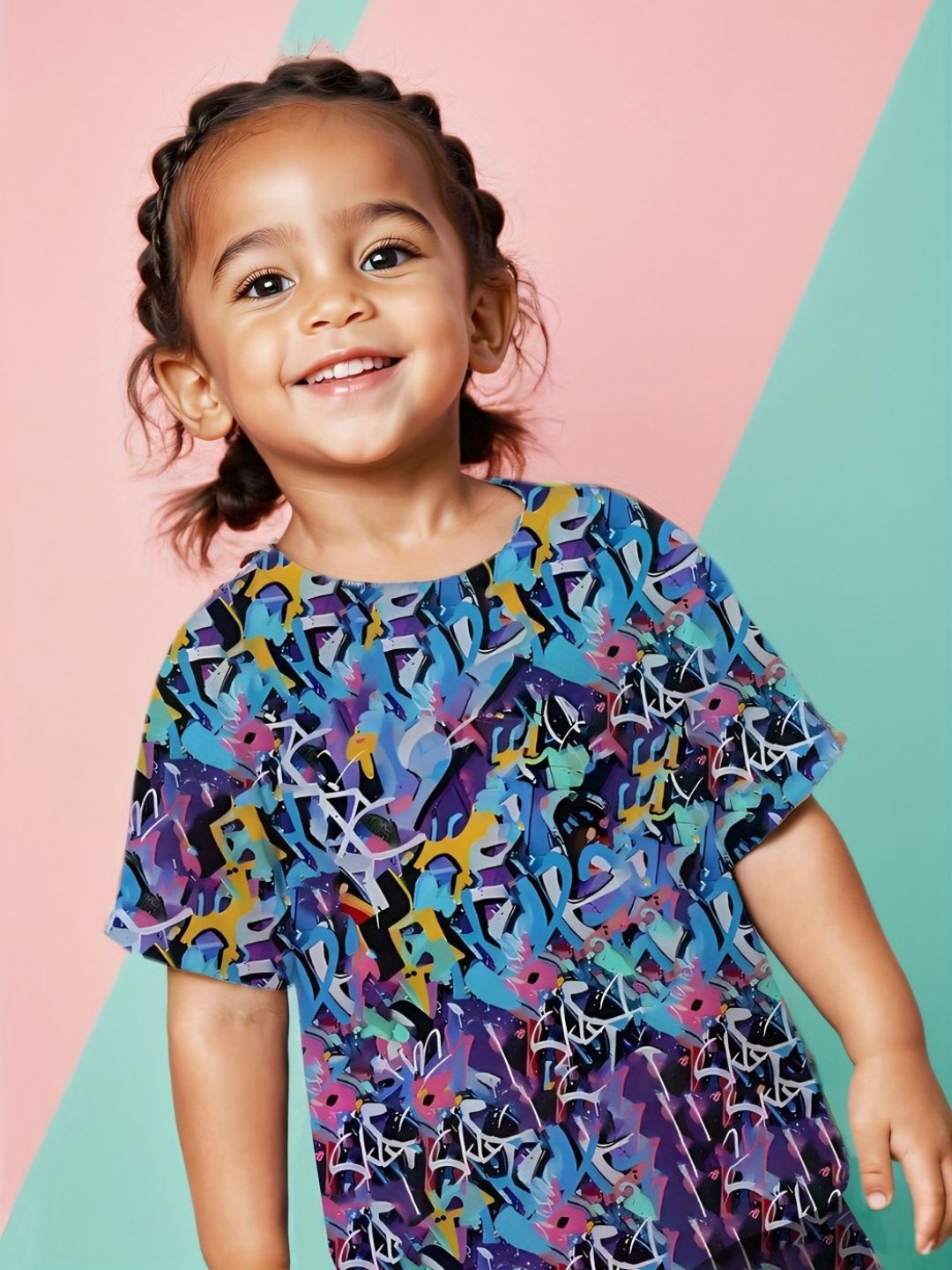 

YK Girls Printed V-Neck Extended Sleeves Applique T-shirt, Blue