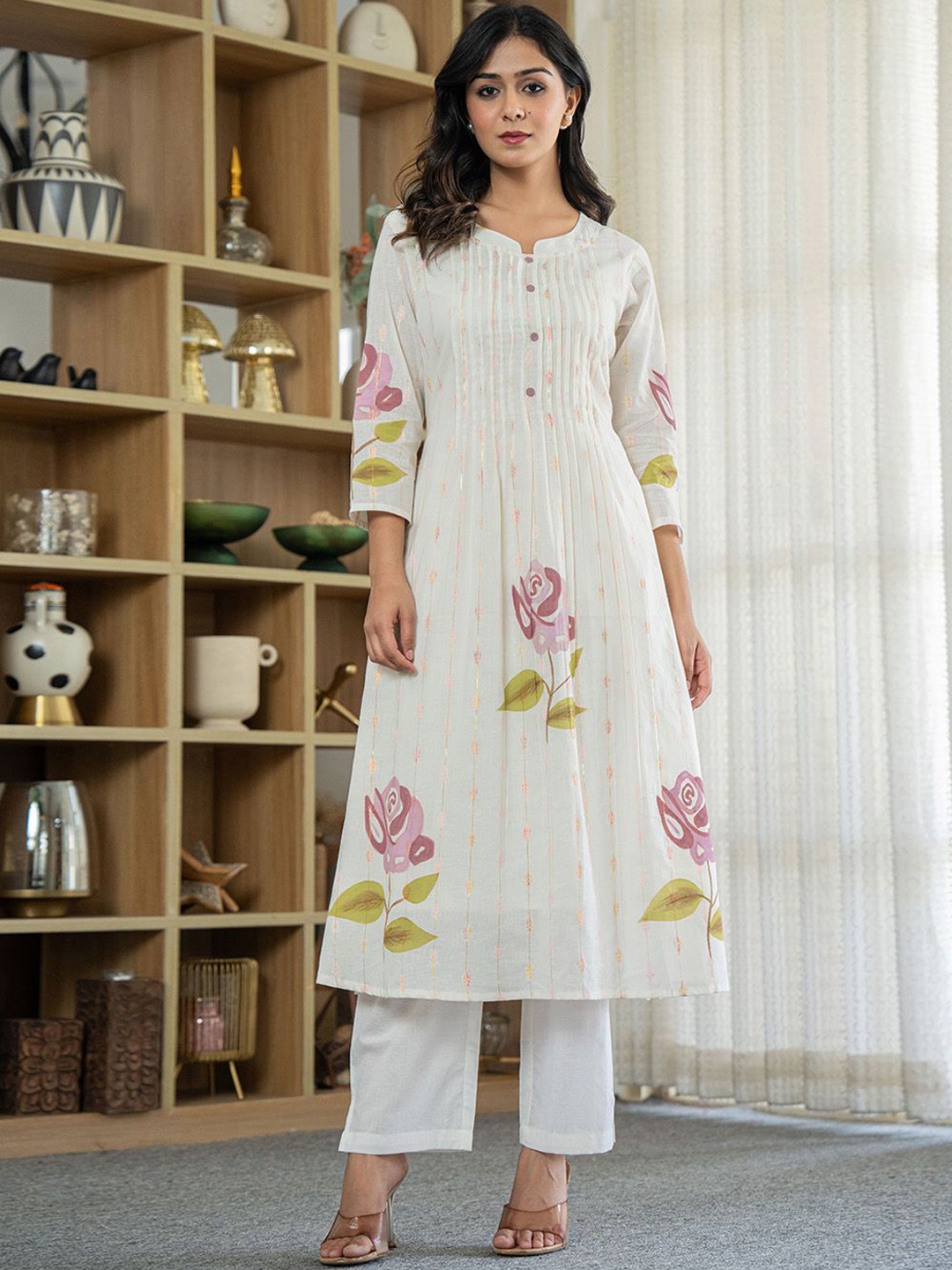 

Meena Bazaar Women Floral Printed Pleated Kurta with Trousers, Cream