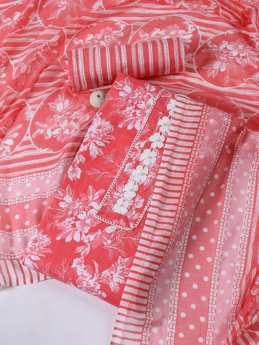 

Meena Bazaar Printed Unstitched Dress Material, Coral
