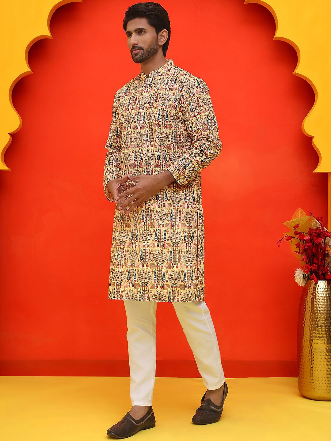 

Anouk Men Floral Embroidered Regular Pure Cotton Kurta with Pyjamas, Yellow
