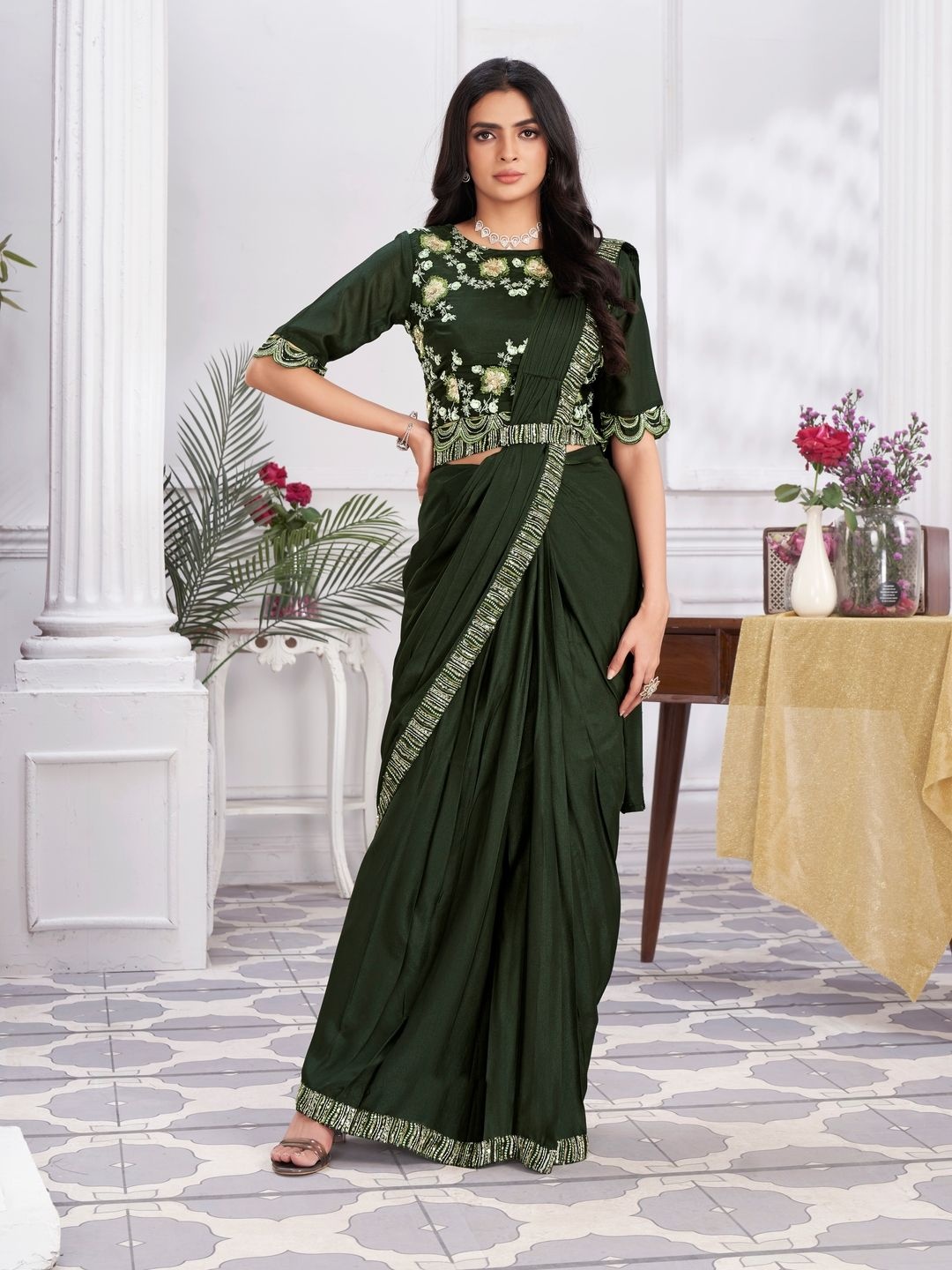 

Suha Poly Georgette Saree, Olive