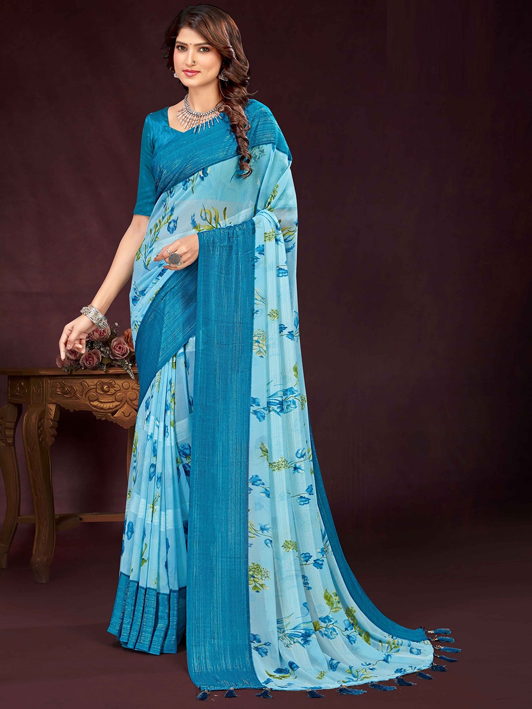 

MAHALASA Pure Georgette Designer Saree, Turquoise blue