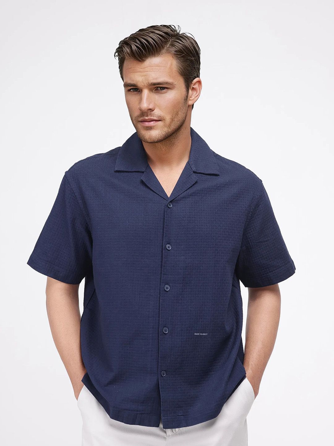 

RARE RABBIT Men Comfort Boxy Opaque Casual Shirt, Navy blue