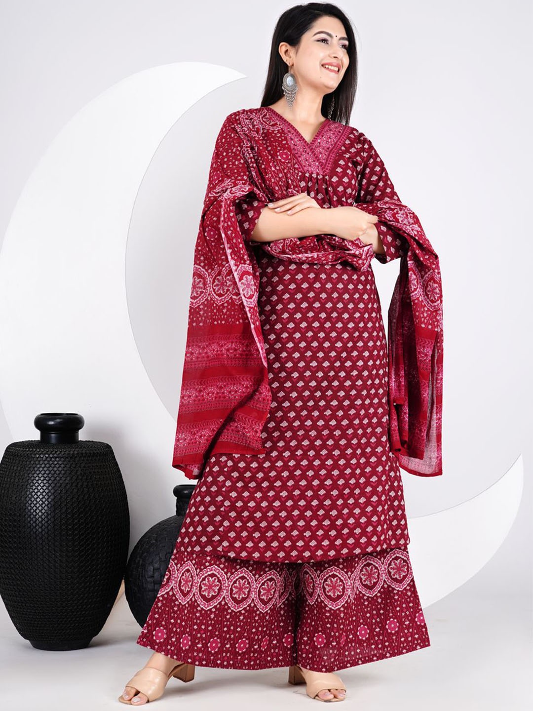 

k d fab Women Floral Printed Regular Sequinned Pure Cotton Kurta with Palazzos & With Dupatta, Maroon