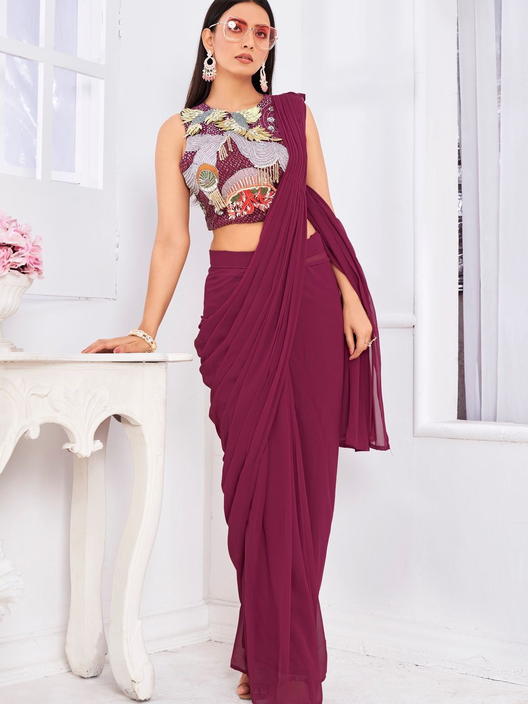 

Suha Poly Georgette Ready to Wear Saree, Maroon