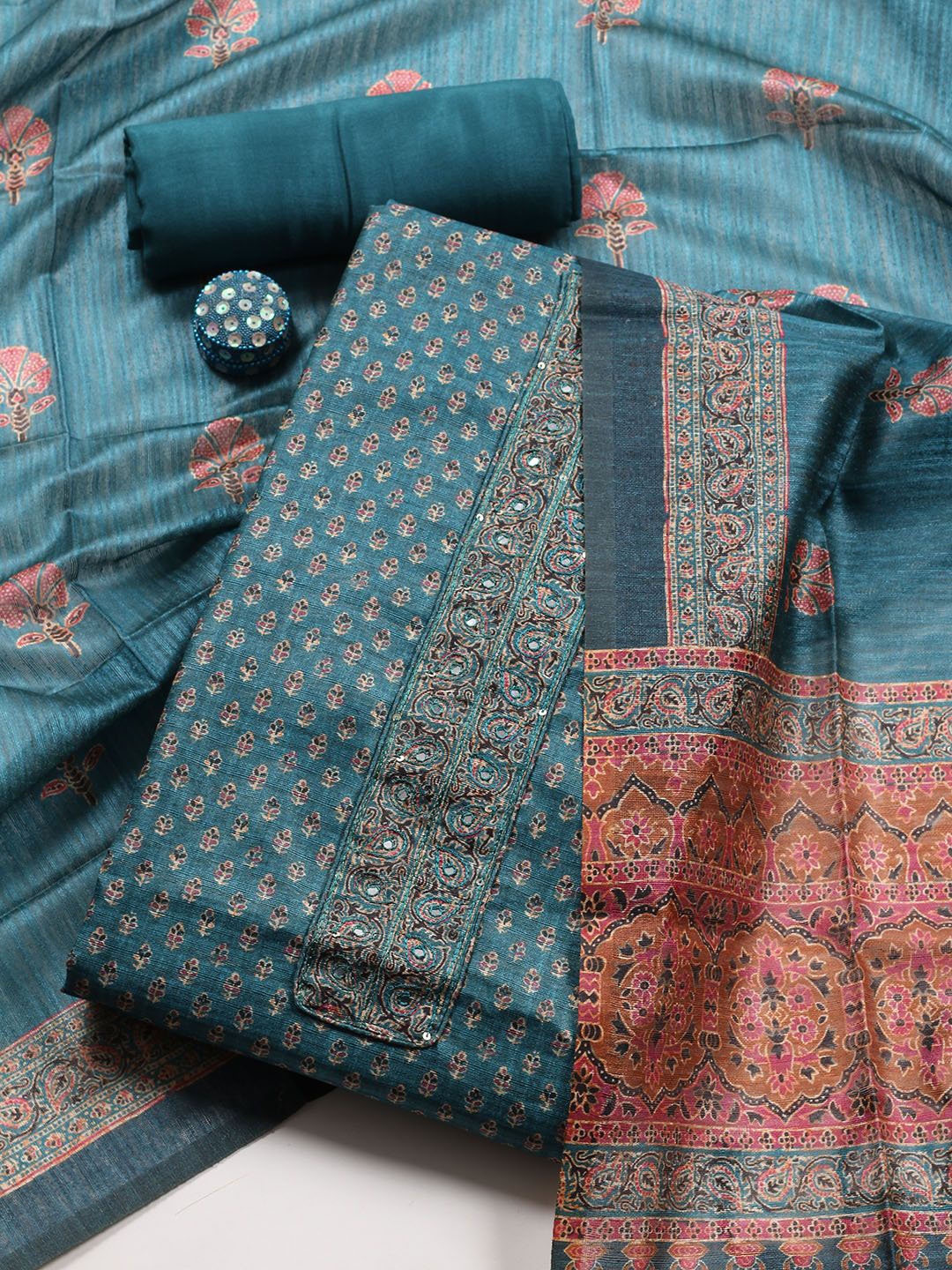 

Meena Bazaar Printed Art Silk Unstitched Dress Material, Blue