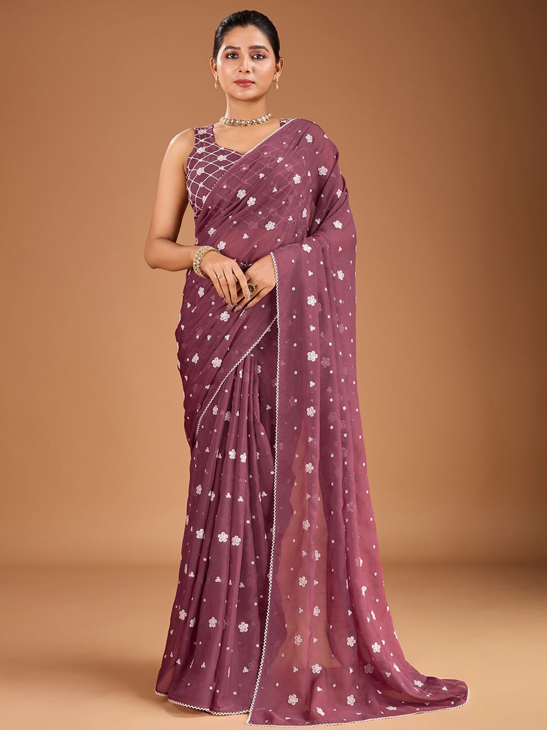 

House of Pataudi Floral Thread Embroidered Saree With Embroidered Blouse Piece, Mauve