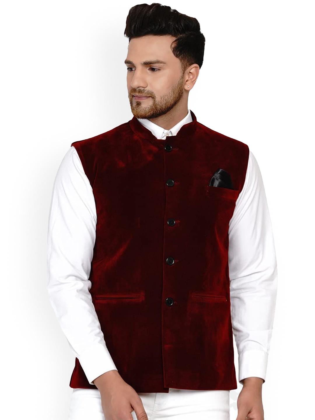 

VEERA PARIDHAAN Velvet Mandarin Collar Nehru Jacket, Maroon