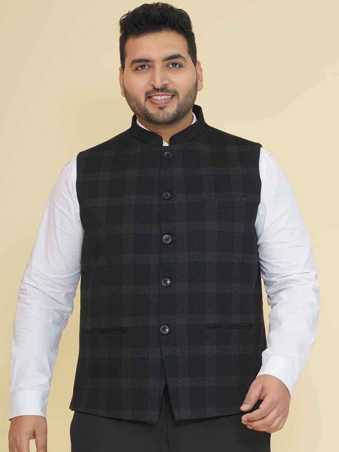 

John Pride Checked Plus Size Nehru Jacket, Black