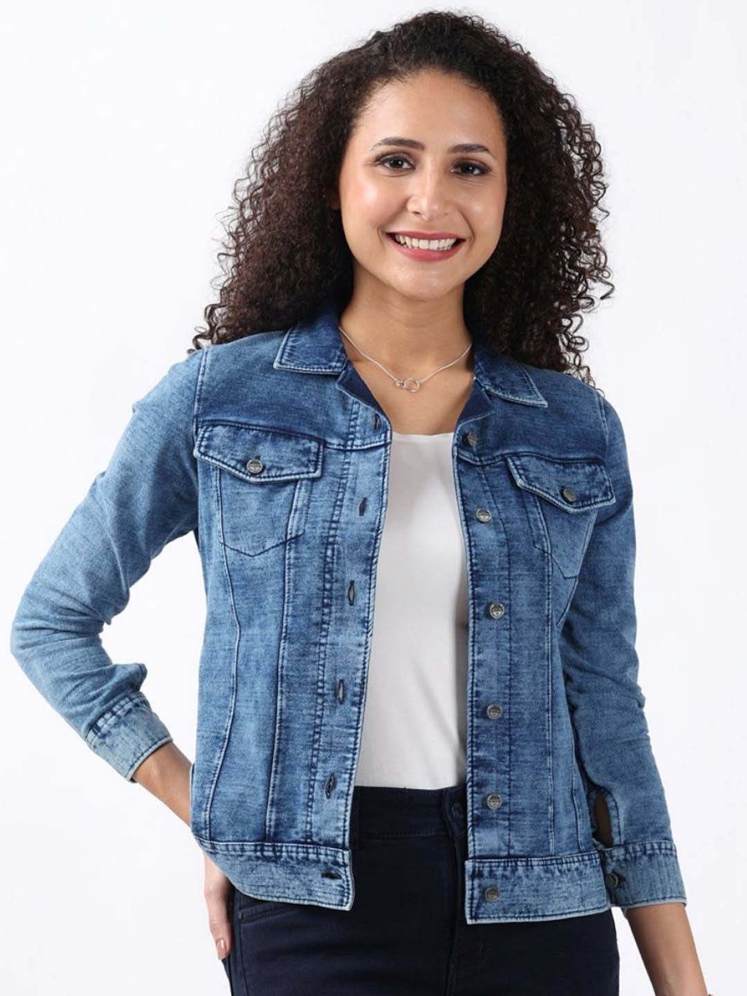 

Bonnaty Women Washed Cotton Crop Denim Jacket Embroidered, Blue