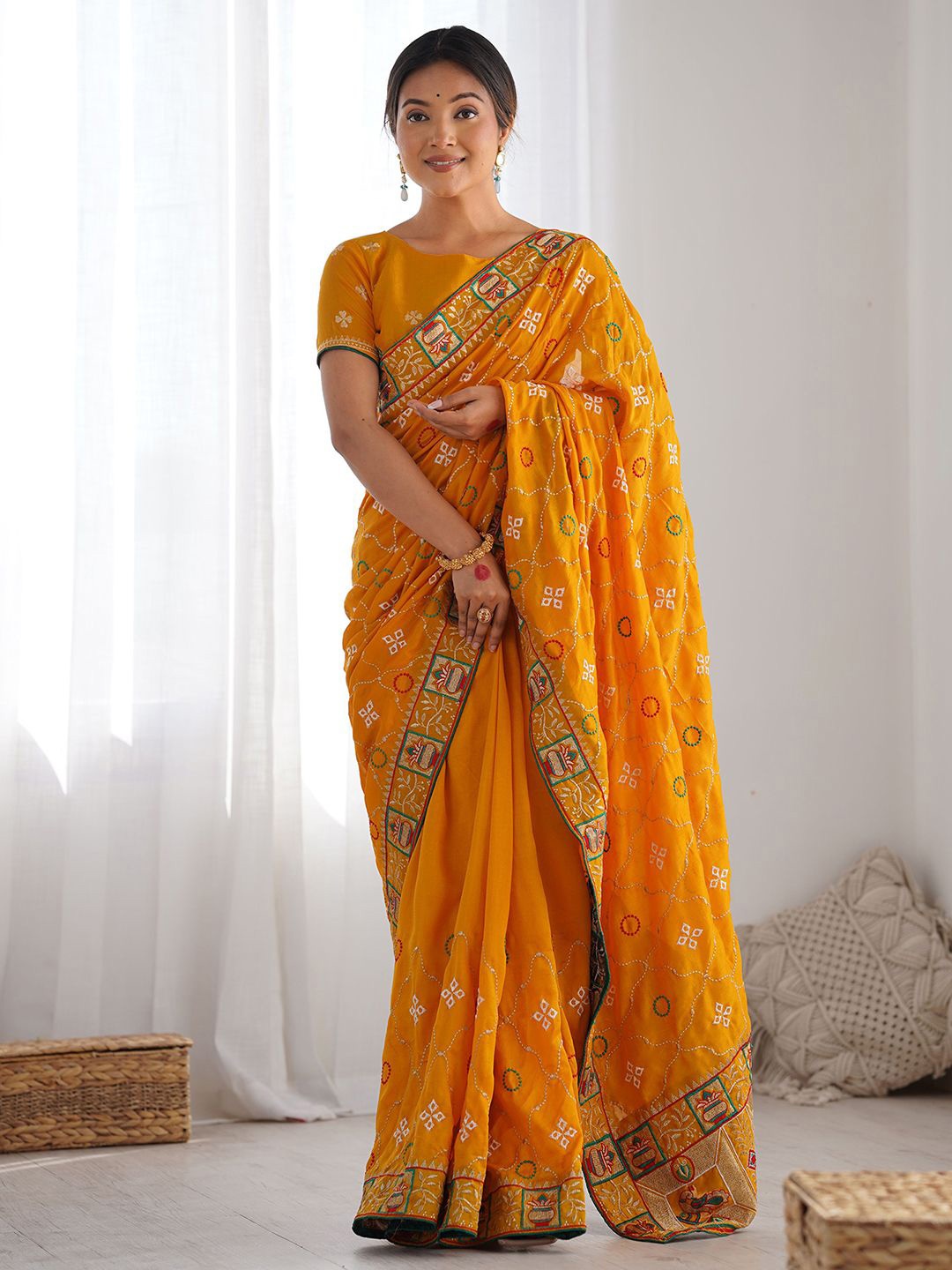 

Satrani Ethnic Motifs Embroidered Pure Silk Tussar Saree, Yellow