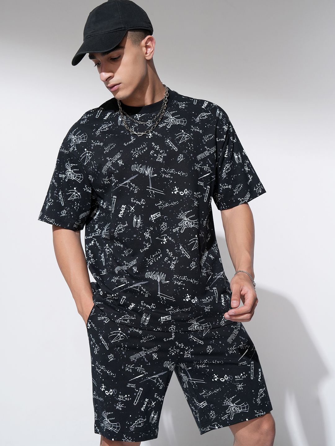 

HIGHLANDER Printed Pure Cotton Round Neck T-Shirt With Shorts Co-Ords Set, Black
