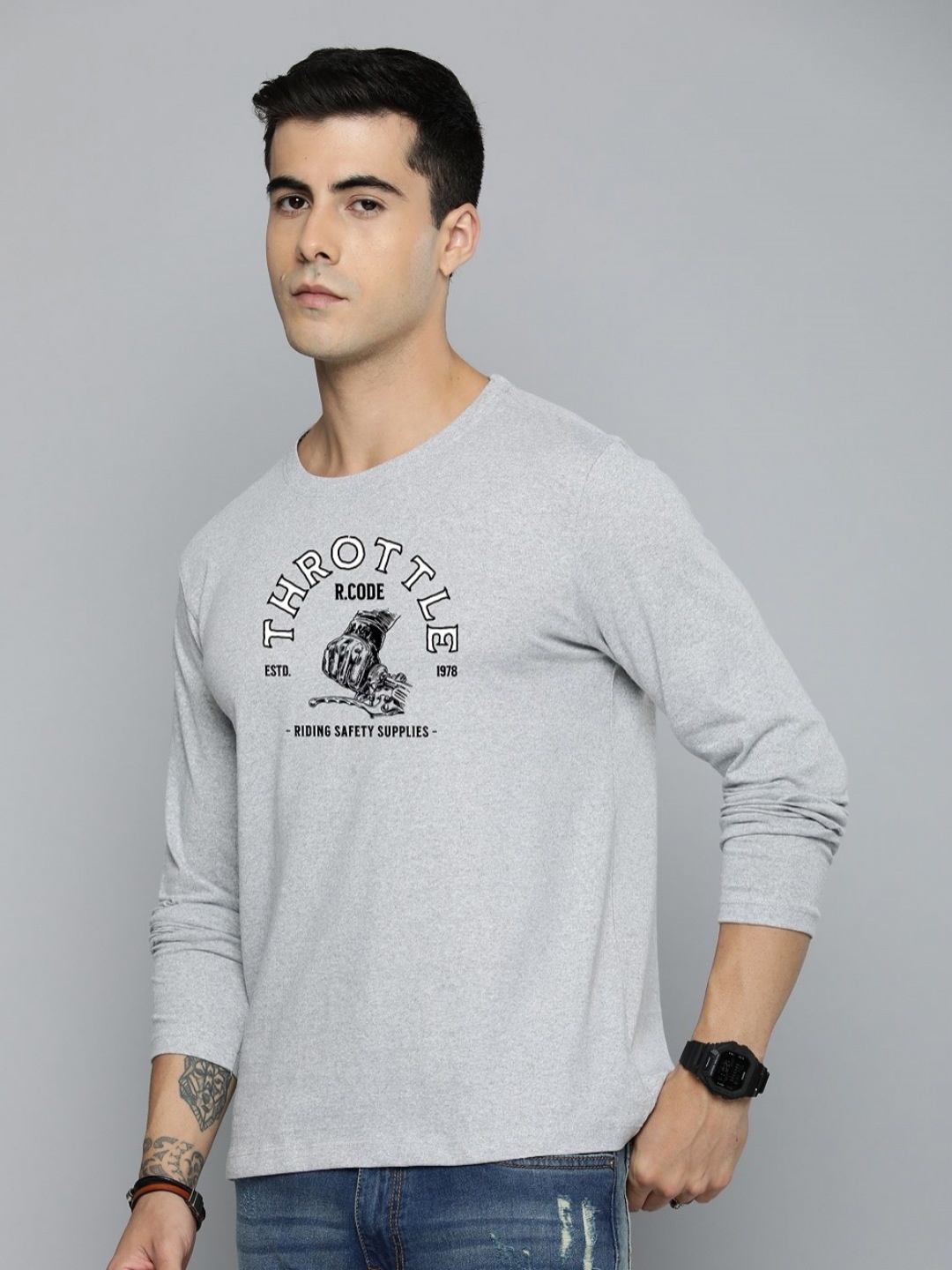 

R.Code by The Roadster Life Co. Men Printed T-shirt, Grey melange