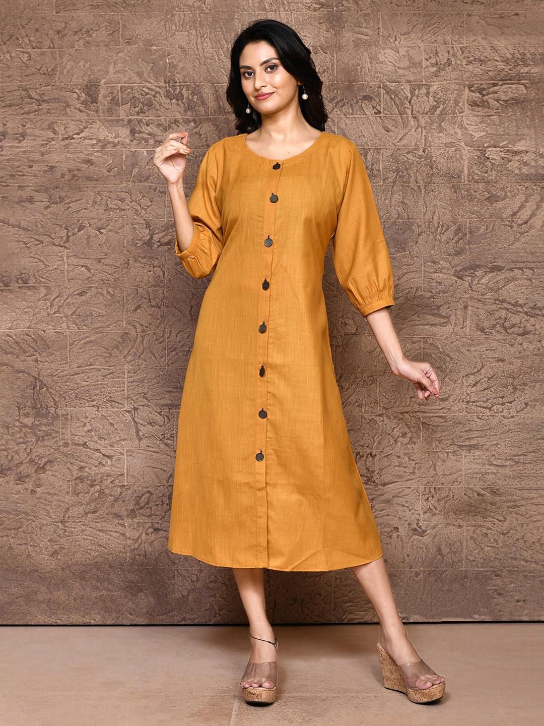 

THREAD SAGA Puff Sleeve A-Line Midi Dress, Mustard