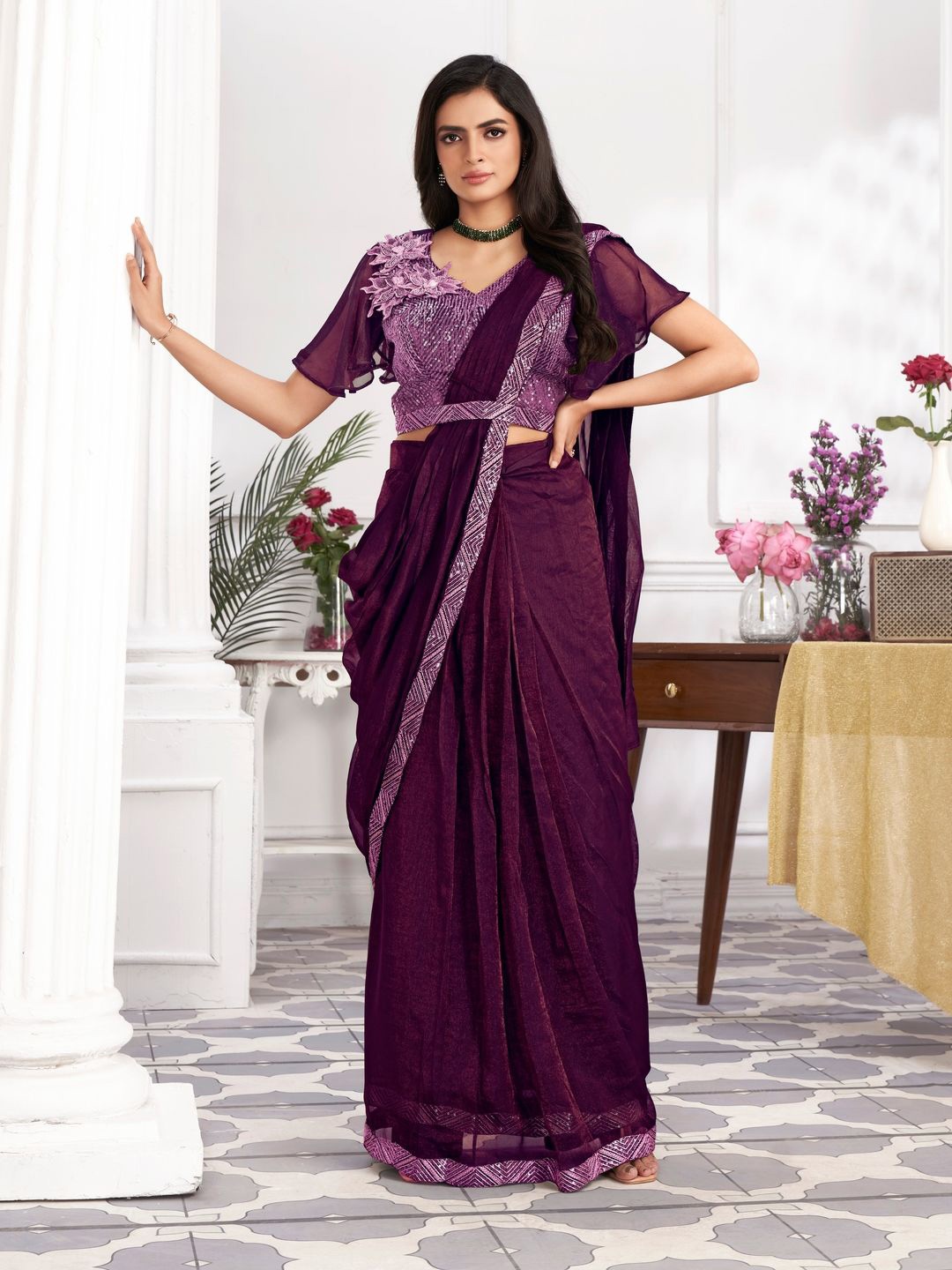 

Suha Embroidered Poly Georgette Saree, Purple