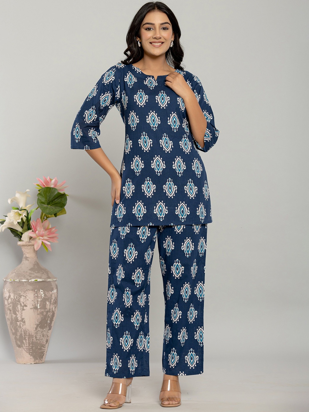 

Serenita Printed Round Neck Pure Cotton Top With Trousers Co-Ords Set, Blue
