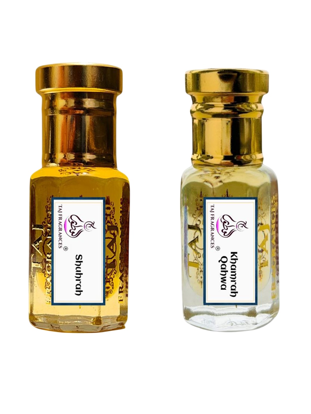 

Taj Fragrances Unisex Set Of 2 Shuhrah & Khamrah Qahwa Long Lasting Attar - 6 ml Each, Gold