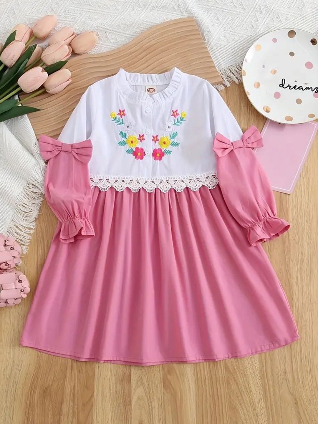 

SK DRESSES Floral Embroidered Puff Sleeve Fit & Flare Dress, Pink
