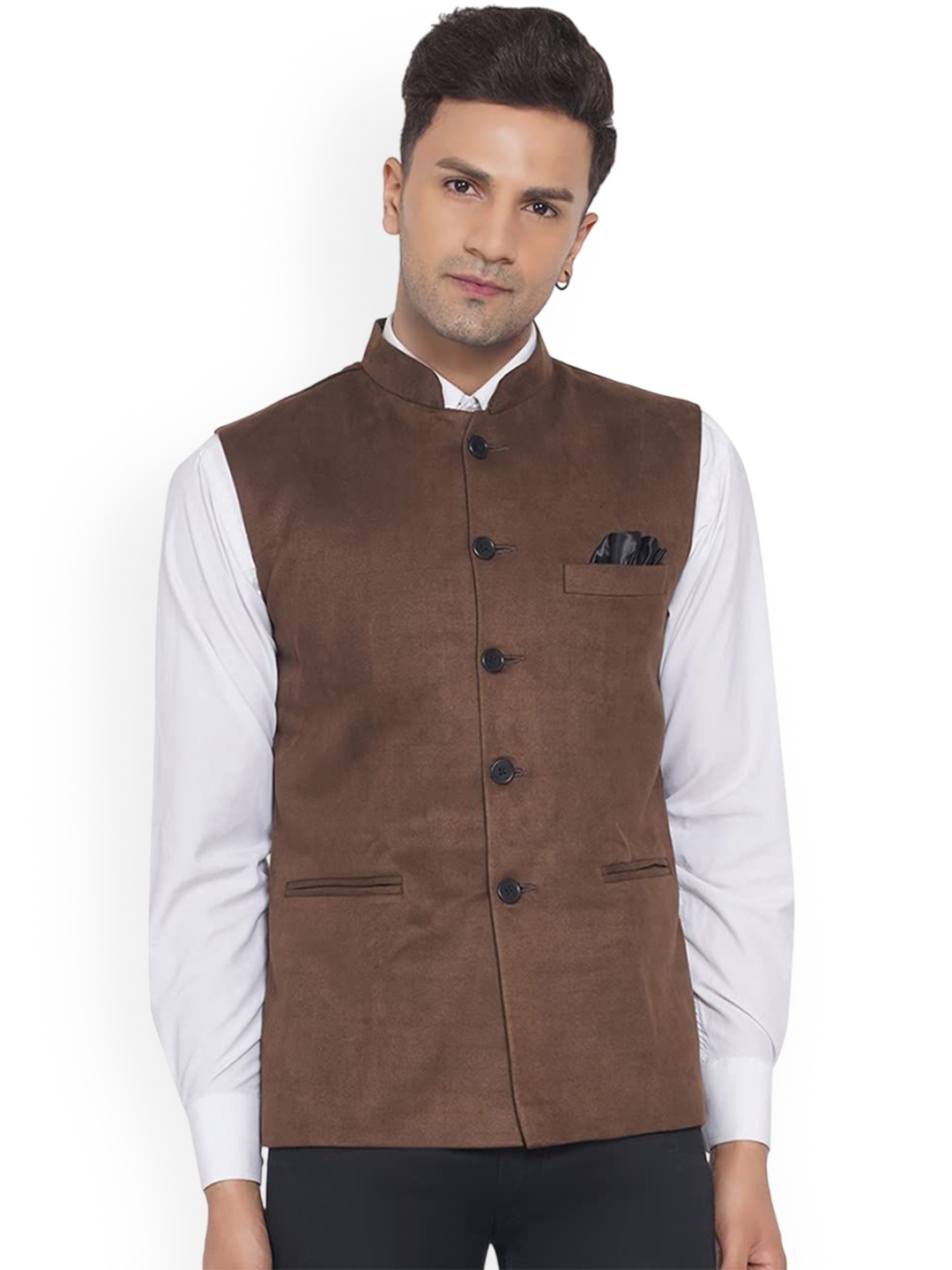 

VEERA PARIDHAAN Suede Velvet Mandarin Collar Nehru Jacket, Brown