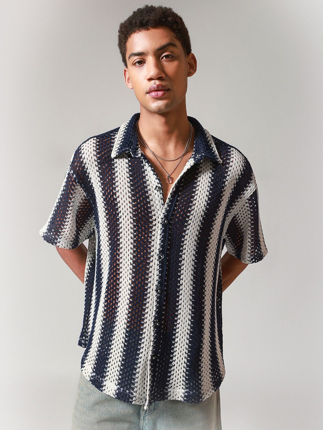 

H&M Relaxed Fit Crochet shirt, Navy blue