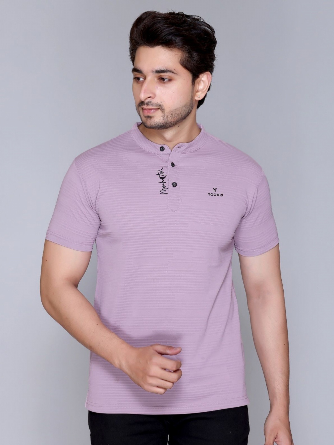 

Yoorix Men Mandarin Collar T-shirt, Lavender