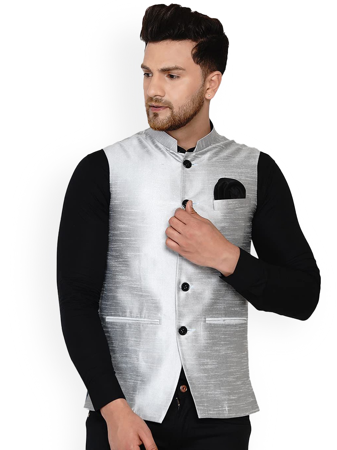 

VEERA PARIDHAAN Banarasi Mandarin Collar Nehru Jacket, Grey