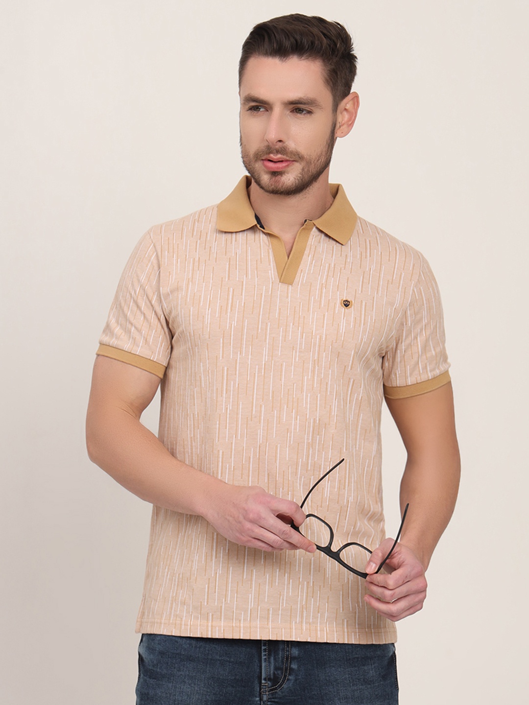 

JADE BLUE Men Printed Polo Collar Slim Fit T-shirt, Khaki