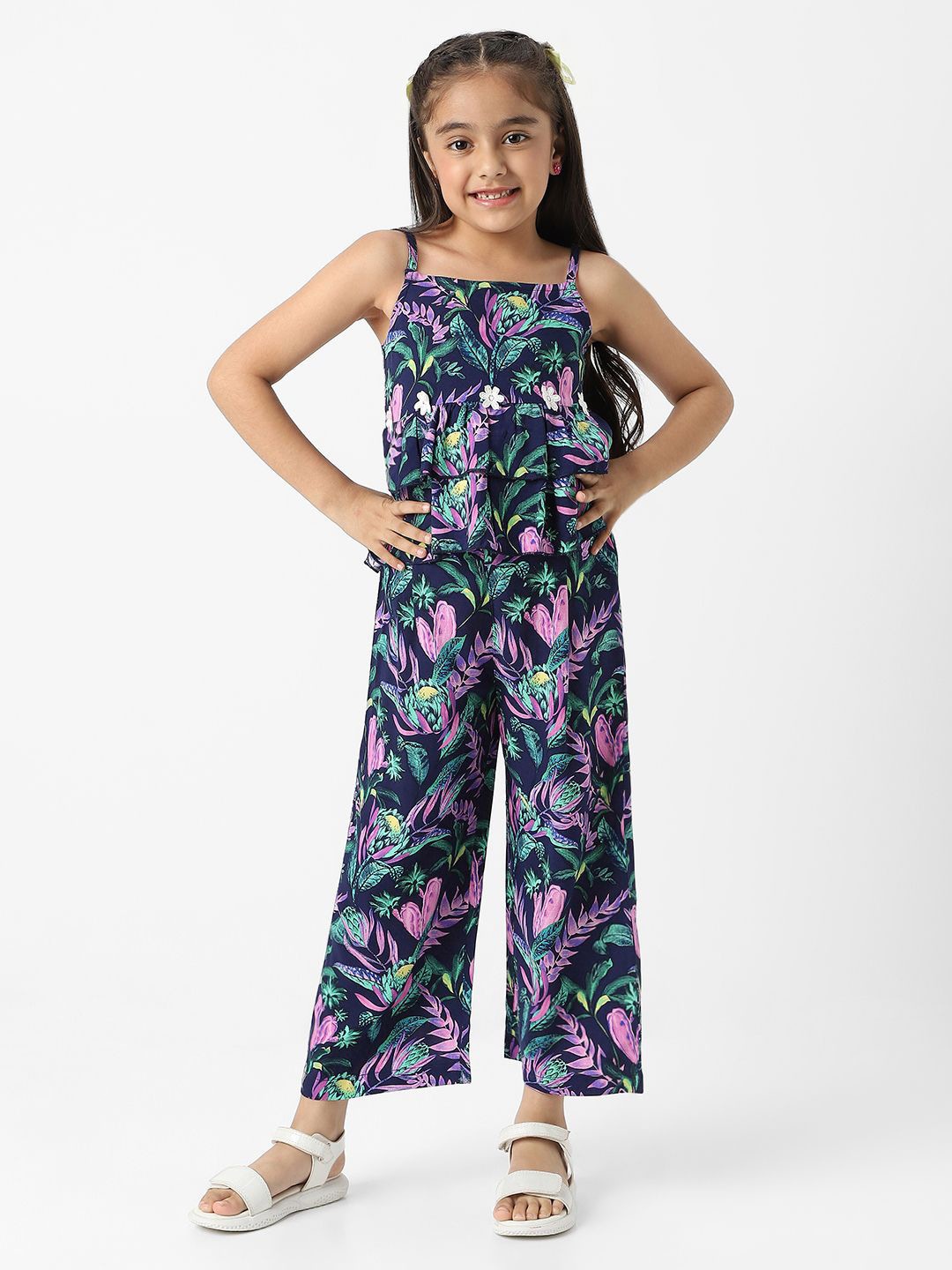 

Nauti Nati Girls Printed Top with Palazzos, Navy blue