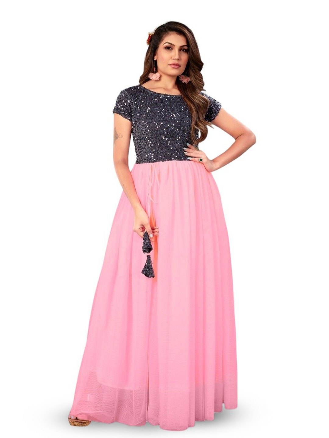 

RebikaTrendz Embellished Velvet Fit & Flare Maxi Dress, Pink