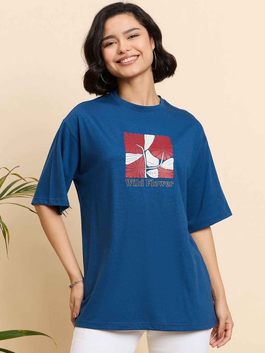 

Mast & Harbour Women Printed Drop-Shoulder Sleeves T-shirt, Blue