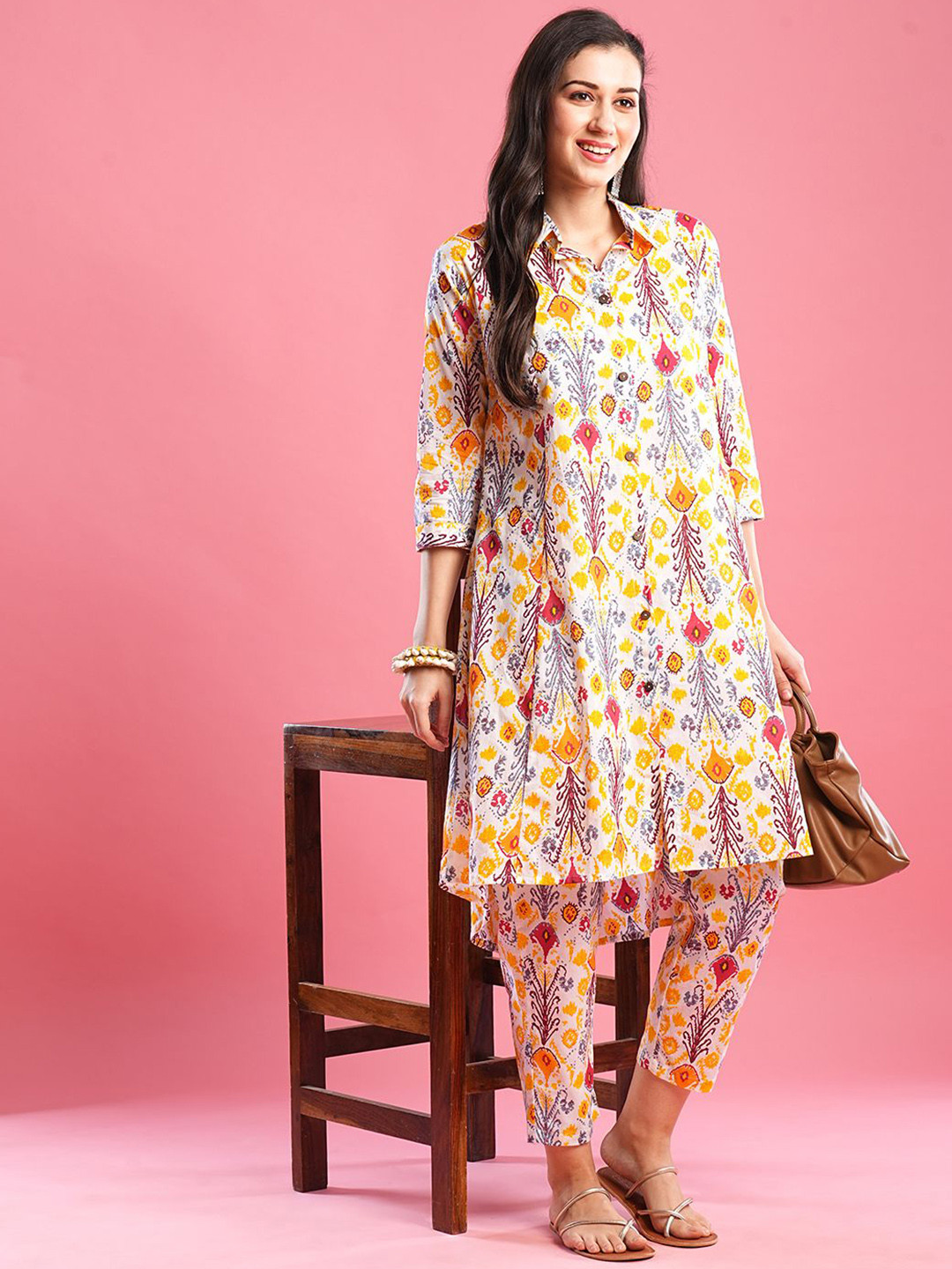 

Stitch Hub Printed Cotton Top With Trousers Co-Ords, Yellow