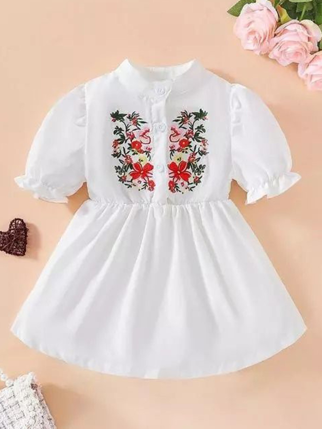 

SK DRESSES Floral Embroidered Puff Sleeve Fit & Flare Dress, White