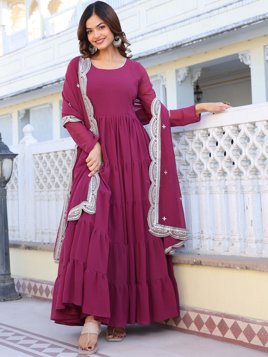 

Anara Tiered Kurta with Trousers & With Dupatta, Magenta