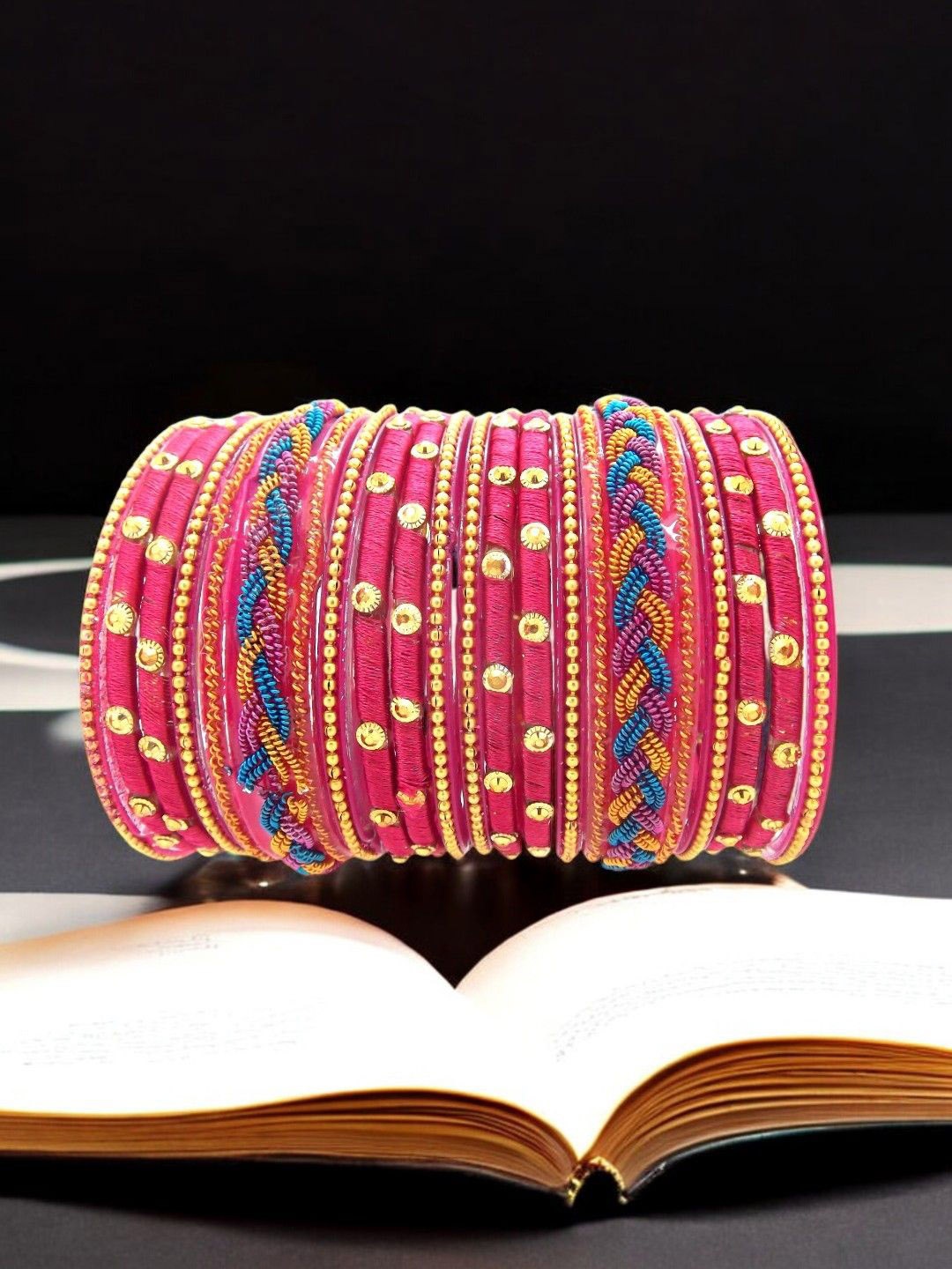 

FEMMIBELLA Set Of 18 Stone-Studded Chuda Bangles, Pink