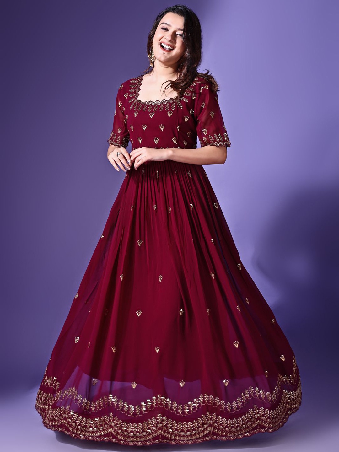 

Anara Women Ethnic Motifs Embroidered Thread Work Georgette Anarkali Kurta, Maroon
