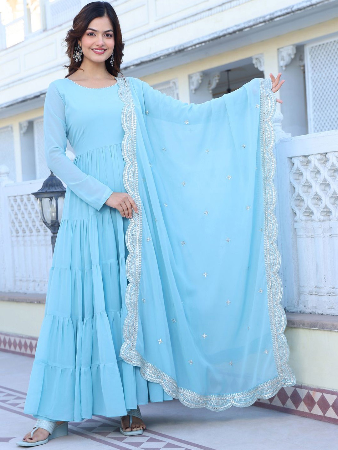 

Anara Tiered Kurta with Trousers & With Dupatta, Blue