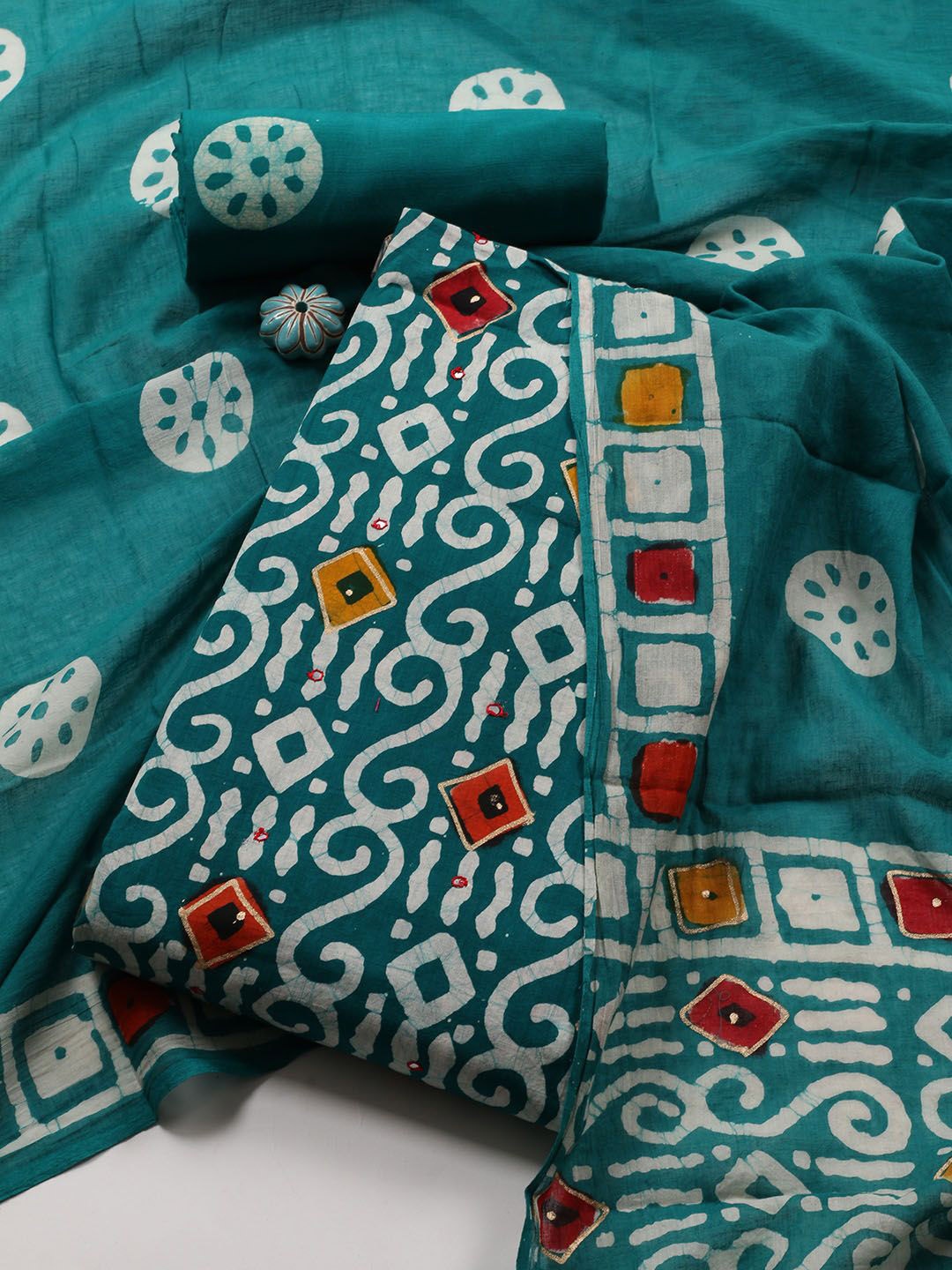 

Meena Bazaar Printed Unstitched Dress Material, Teal