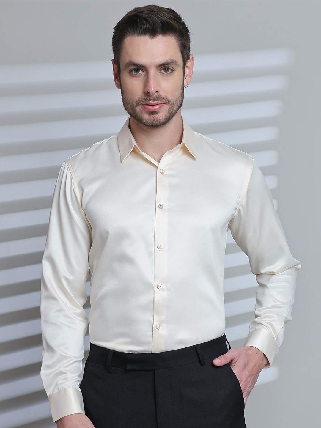 

Majestic Man Men Club Slim Fit Opaque Formal Shirt, Cream