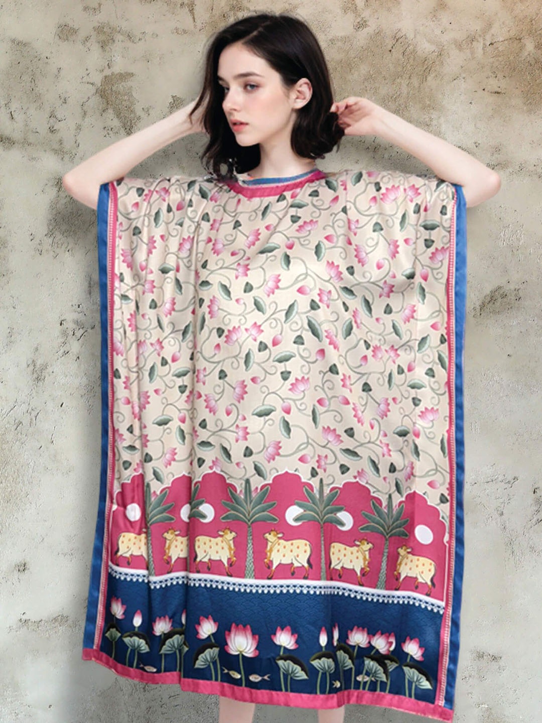 

MAATIR DESIGNS Women Floral Printed Mirror Work Kaftan Kurta, Beige