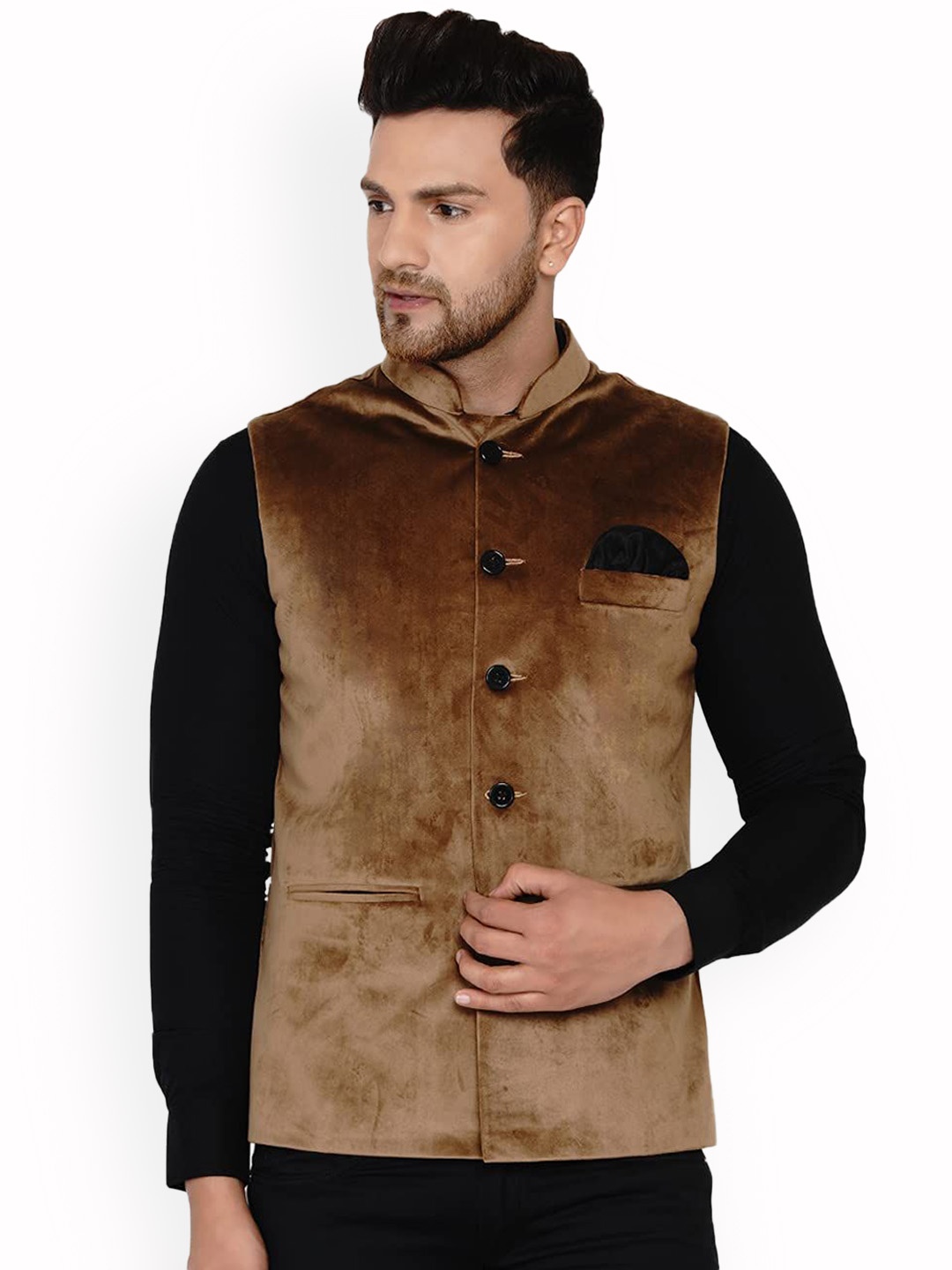 

VEERA PARIDHAAN Velvet Mandarin Collar Nehru Jacket, Brown