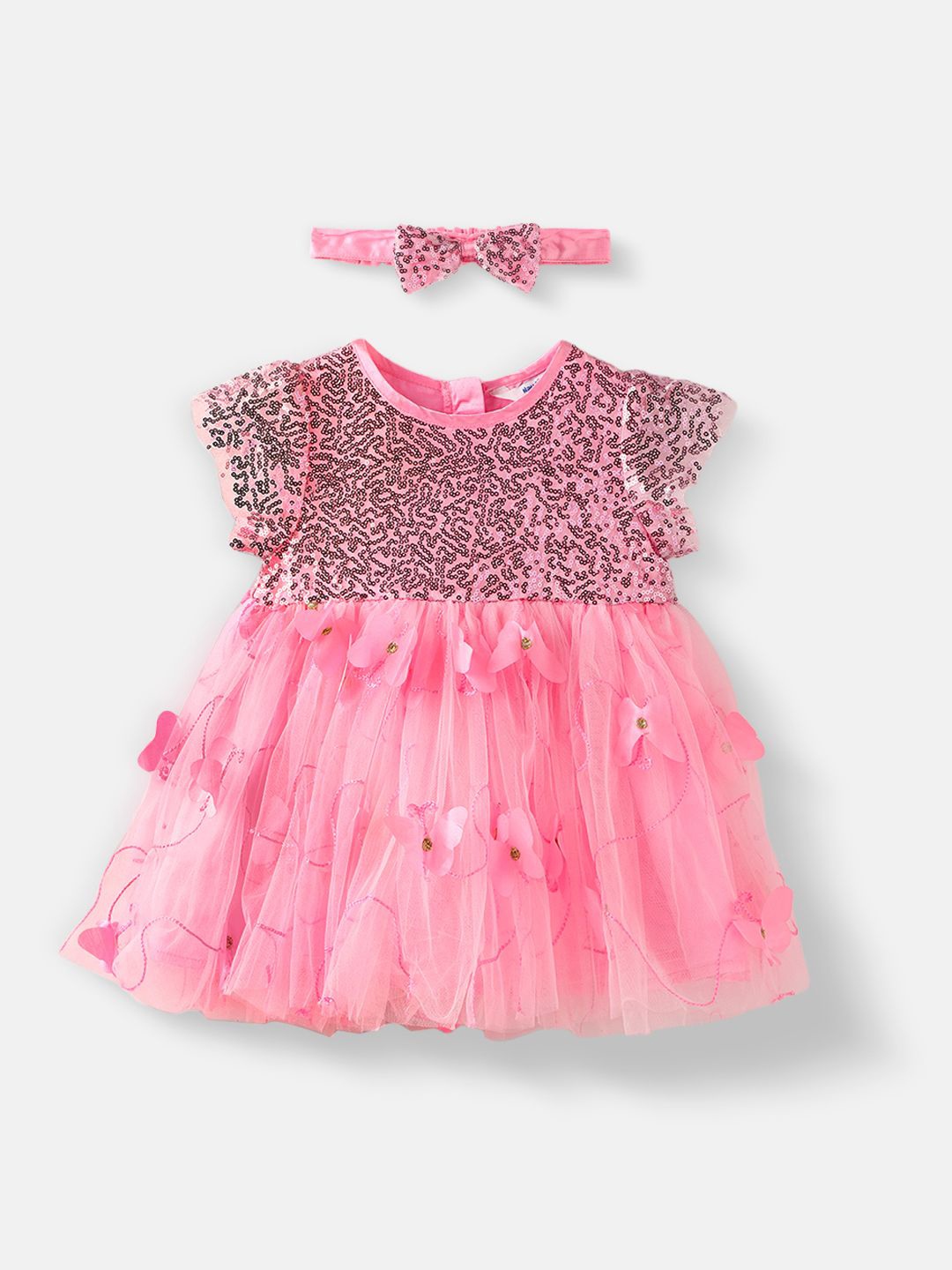 

Nauti Nati Embellished Flutter Sleeve Net Fit & Flare Dress, Pink