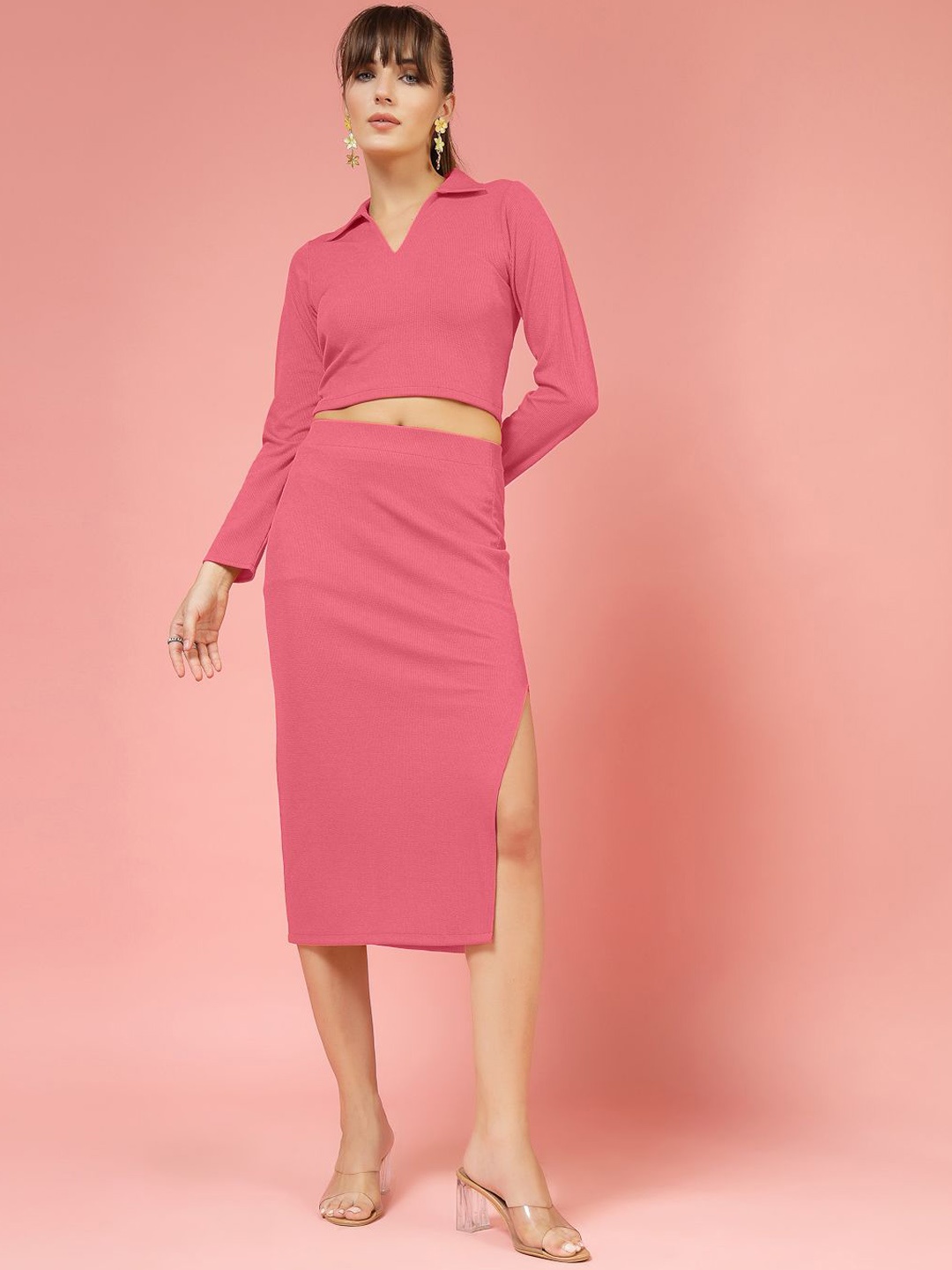 

DressBerry Stretchable Top With Skirt Co-Ords, Pink