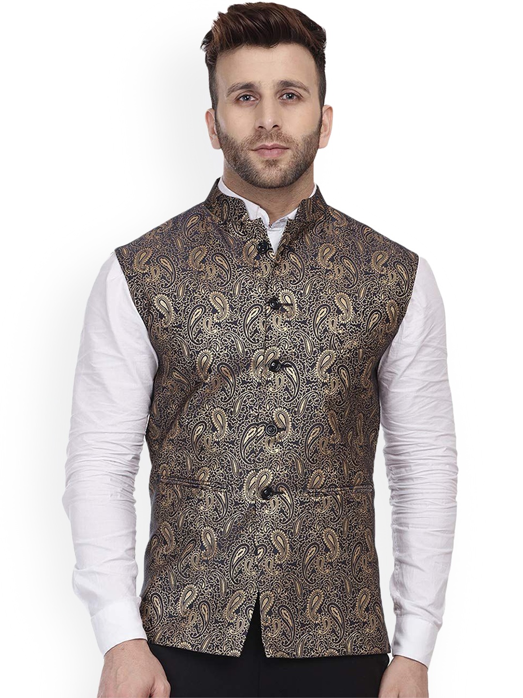 

VEERA PARIDHAAN Printed Banarasi Mandarin Collar Nehru Jackets, Black